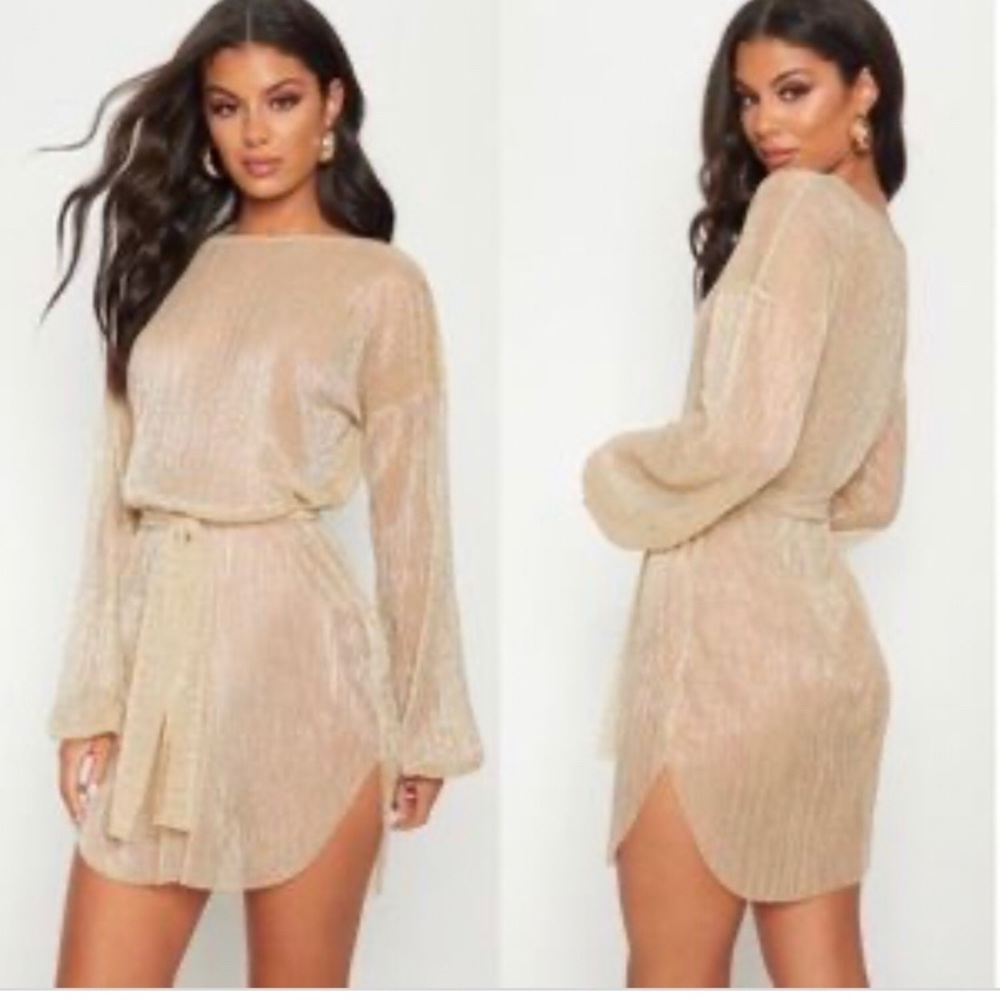 Gold Sheer Balloon Sleeve Dress
